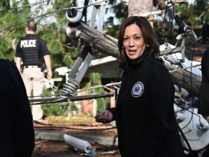 US Vice President Kamala Harris surveys the damage from Hurricane Helene, in the Meadowbro