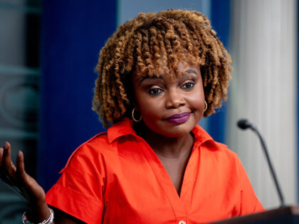 White House press secretary Karine Jean-Pierre gestures during a news conference in the Br