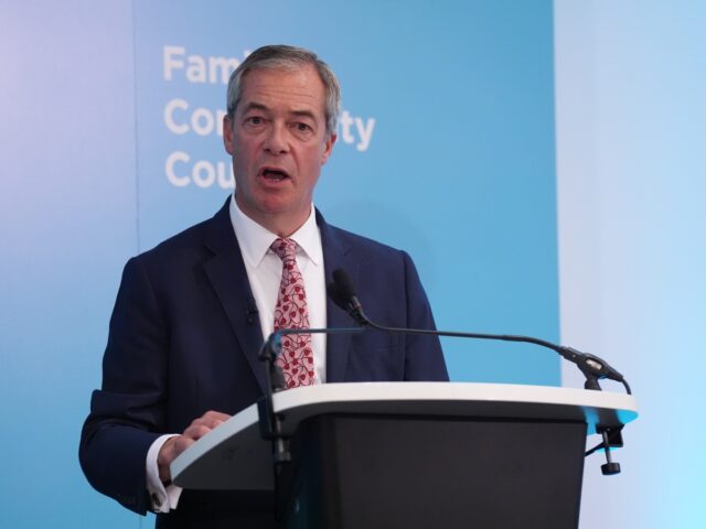 Leader Nigel Farage speaking during a Reform UK press conference on law and order in Brita