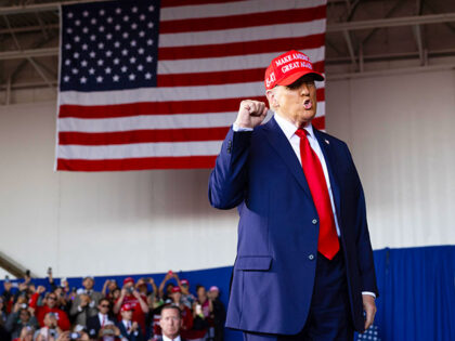 Republican presidential nominee former President Donald Trump arrives for a rally at Dodge