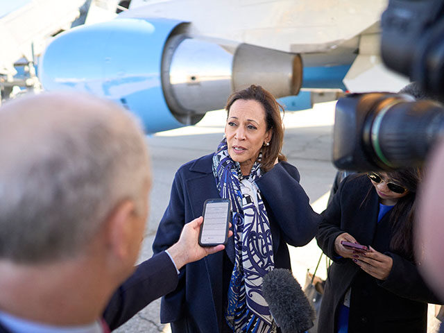 US Vice President and Democratic presidential candidate Kamala Harris speaks to reporters