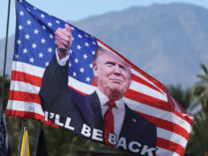 COACHELLA, CALIFORNIA - OCTOBER 12: A Trump flag flies before a campaign rally for Republi