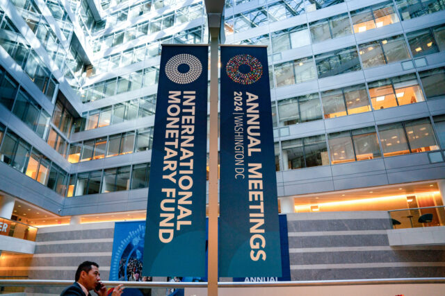 International Monetary Fund (IMF) and World Bank Fall meetings signage inside the IMF head