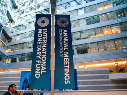 International Monetary Fund (IMF) and World Bank Fall meetings signage inside the IMF head