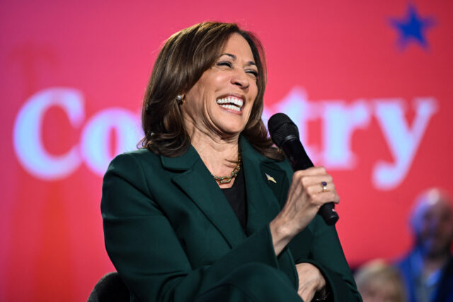 US Vice President and Democratic presidential candidate Kamala Harris smiles during a mode