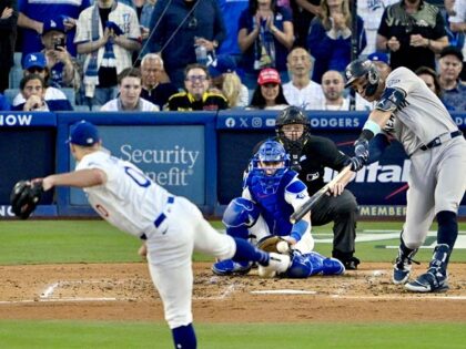 Starting pitcher Jack Flaherty (0) of the Los Angeles Dodgers strikes out Aaron Judge of t