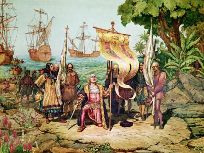 A chromolithograph by Louis Prang and Company of Columbus Landing on San Salvador.