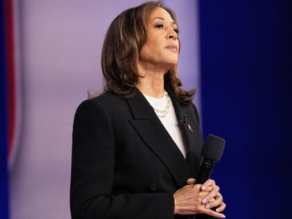 Democratic presidential candidate, U.S. Vice President Kamala Harris speaks during a CNN P