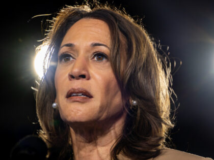 Democratic presidential nominee, Vice President Kamala Harris pauses while speaking during