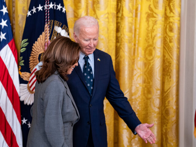 US Vice President Kamala Harris, left, and President Joe Biden during an address on gun vi