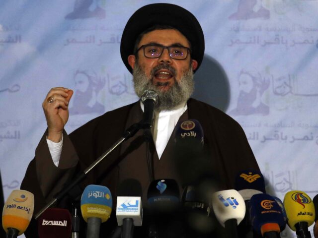 Senior Hezbollah leader Hashem Safieddine speaks during a conference for Saudi opposition