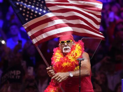 Hulk Hogan waves and American flag before Republican presidential nominee former President