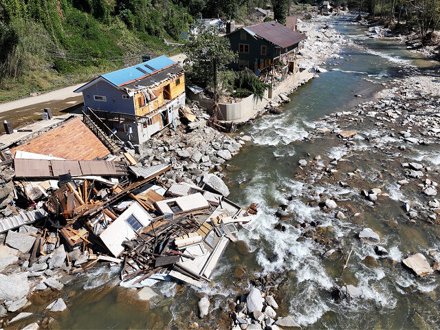 BAT CAVE, NORTH CAROLINA - OCTOBER 08: An aerial view of destroyed and damaged buildings i