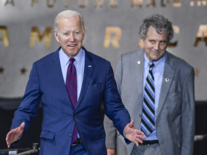 U.S. President Joe Biden, left, and Senator Sherrod Brown, a Democrat from Ohio, arrive at