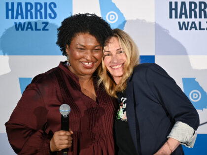 CANTON, GEORGIA - OCTOBER 09: Stacey Abrams and Julia Roberts are seen on stage during the