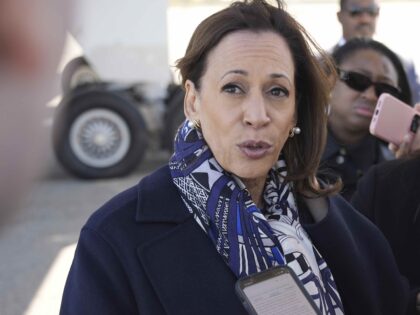 Democratic presidential nominee Vice President Kamala Harris speaks to the media before bo