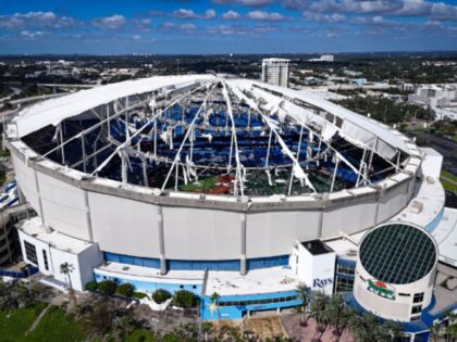 A drone image shows the dome of Tropicana Field which has been torn open due to Hurricane