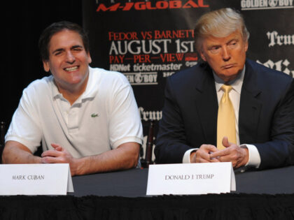 Mark Cuban, Donald Trump and UFC Fighter Josh Barnett attend a press conference to officia