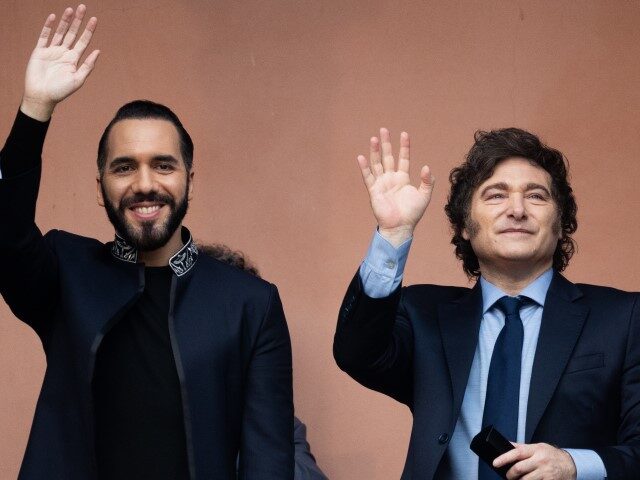 President of Argentina Javier Milei and President of El Salvador Nayib Bukele wave from th