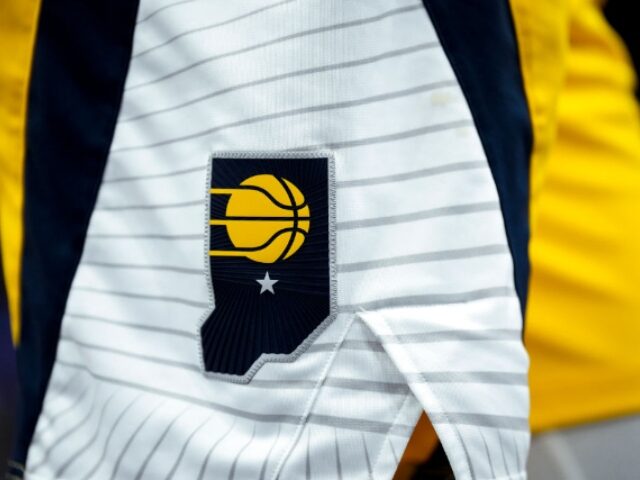 DETROIT, MICHIGAN - MARCH 20: The Indiana Pacers logo on a uniform during the game against