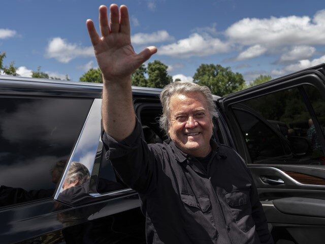 Steve Bannon arrives to speak outside Danbury Federal Correctional Institution, Monday, Ju