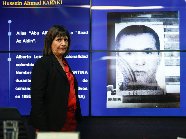 Security Minister Patricia Bullrich arrives to a press conference to name Lebanese Hussein