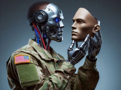 army robot putting on human mask