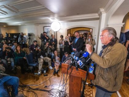 Steve Bannon speaks during a press conference after being release from the Federal Correct