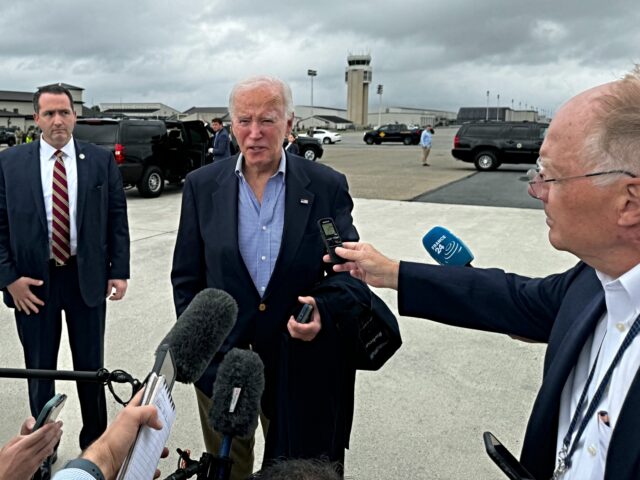 U.S. President Joe Biden speaks to the press before boarding Air Force One at Dover Air Fo