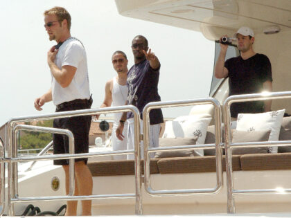 ST TROPEZ - AUGUST 02: P Diddy is seen aboard his yacht in St Tropez Harbor on August 02,