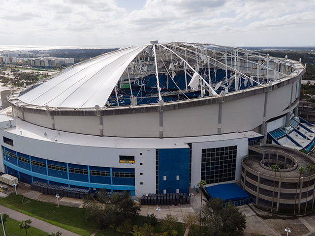 The roof of Tropicana Field is seen damaged the morning after Hurricane Milton hit the reg