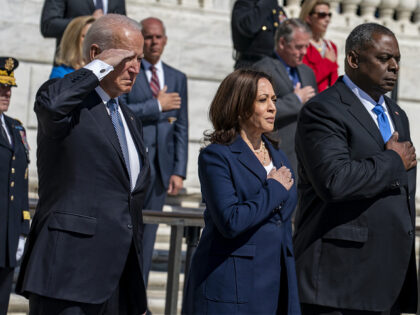 U.S. President Joe Biden, from left, U.S. Vice President Kamala Harris, and Lloyd Austin,