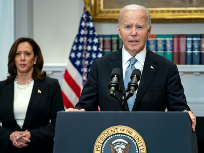 US Vice President Kamala Harris, left, and President Joe Biden in the Roosevelt Room of th