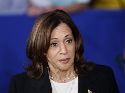 US Vice President and Democratic presidential candidate Kamala Harris speaks with the pres