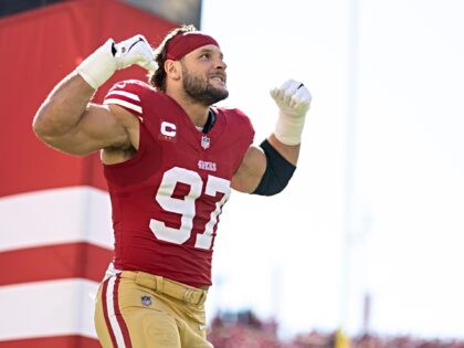 SANTA CLARA, CALIFORNIA - OCTOBER 20: Nick Bosa #97 of the San Francisco reacts as he take