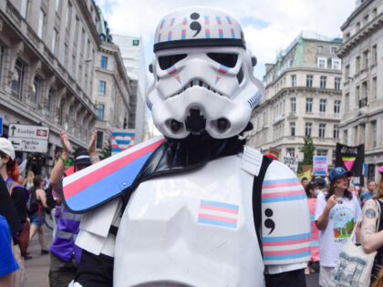 LONDON, UNITED KINGDOM - 2024/07/27: A participant dressed as a Star Wars Stormtrooper tak