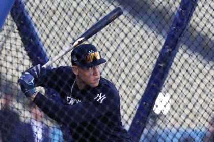 Aaron Judge practices at Dodger Stadium ahead of Friday's World Series opener against the