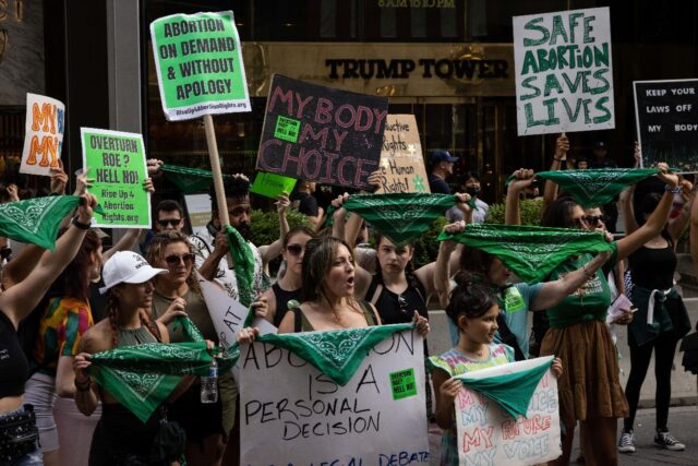 Abortion rights activists protest against the Supreme Court abortion rights ruling, in New