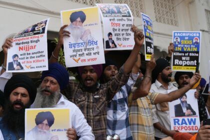 Activists of the Dal Khalsa Sikh organisation in Amritsar protesting in September 2023 to