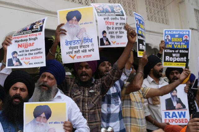 Activists of the Dal Khalsa Sikh organisation in Amritsar protesting in September 2023 to