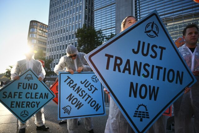 Activists protest against investment in fossil fuels outside of the World Bank headquarter