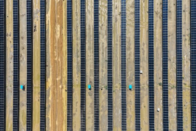 This aerial photograph taken on October 15, 2024 shows solar panels in India's Gujarat sta