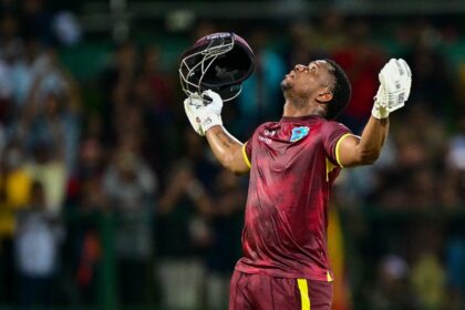 'Amazing': West Indies' Evin Lewis celebrates as West Indies win the third ODI