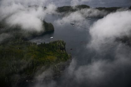 An aerial image shows fish farming in the waterways of the Great Bear Sea north of Vancouv