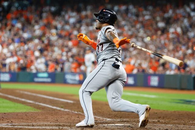 Andy Ibanez of the Detroit Tigers hits a three-run double in a series-clinching MLB playof