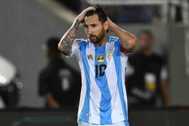 Argentina's forward Lionel Messi reacts his team's 1-1 draw with Venezuela in World Cup qu