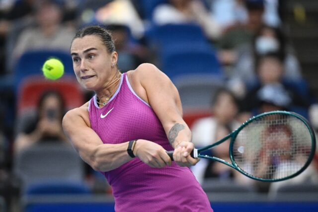 Aryna Sabalenka hits a return to Magdalena French during their women’s singles quarter-f