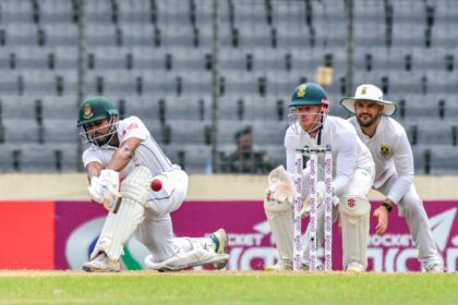 Bangladesh's Mehidy Hasan Miraz plays a shot during the third day of the first Test again