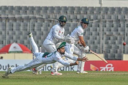 Bangladesh's Shadman Islam drops a catch of South Africa's David Bedingham