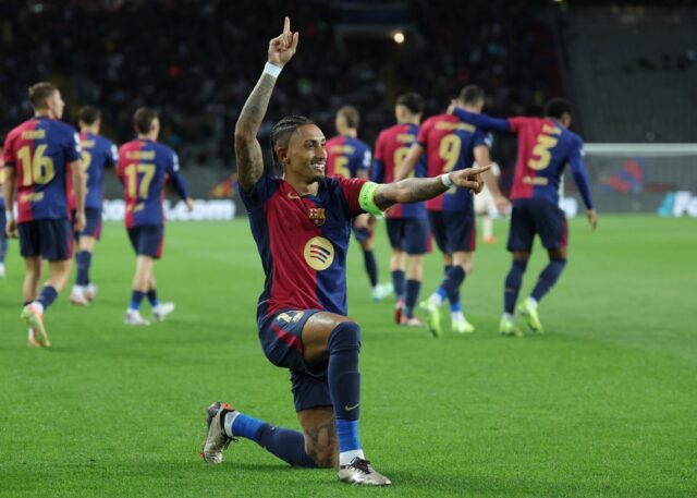 Barcelona's Brazilian forward Raphinha celebrates scoring the opening goal against Bayern